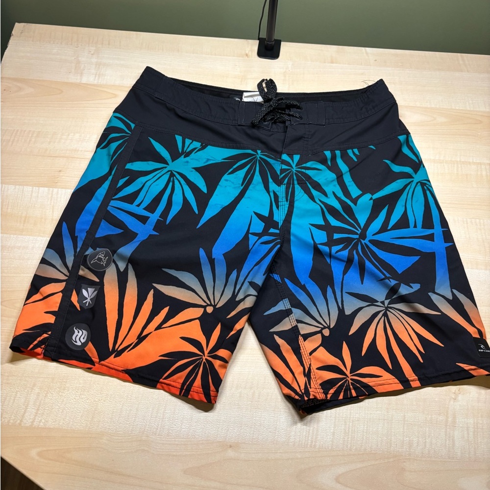 Rip Curl Blue and Orange Leaf Print Board Shorts